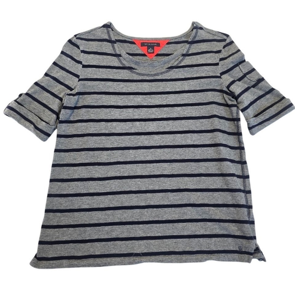Tommy Hilfiger Gray Navy Striped Top Women M Button Tab‎ Half Sleeve Scoop Neck